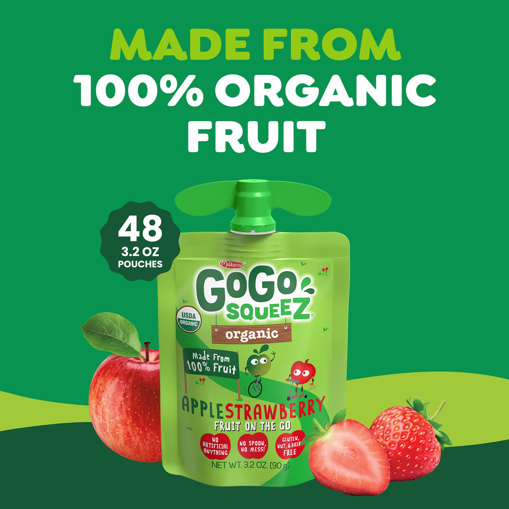 GoGo squeeZ Apple Strawberry kid-friendly snack in backpack or diaper bag.