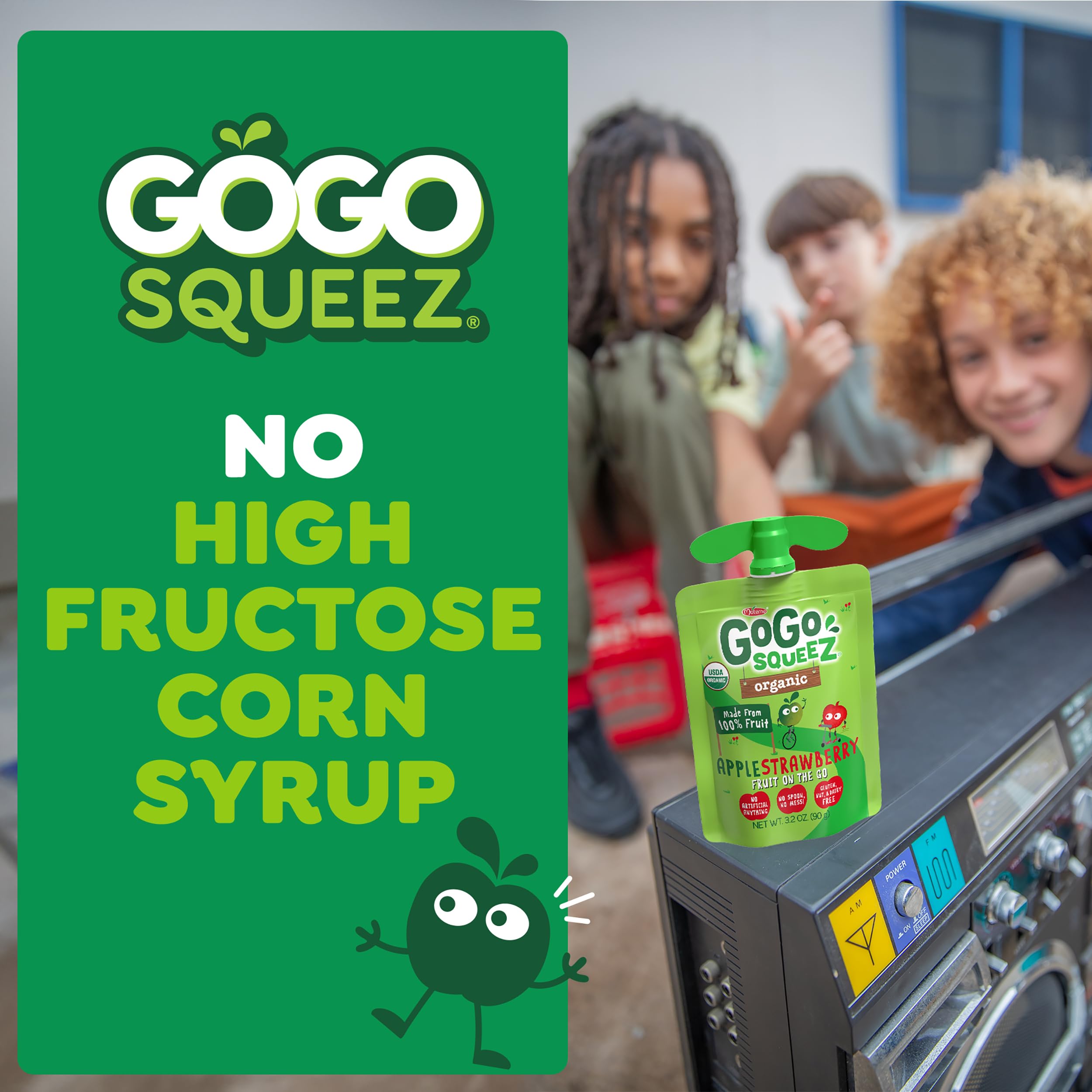 GoGo squeeZ Apple Strawberry pack on kitchen counter for quick snacks.