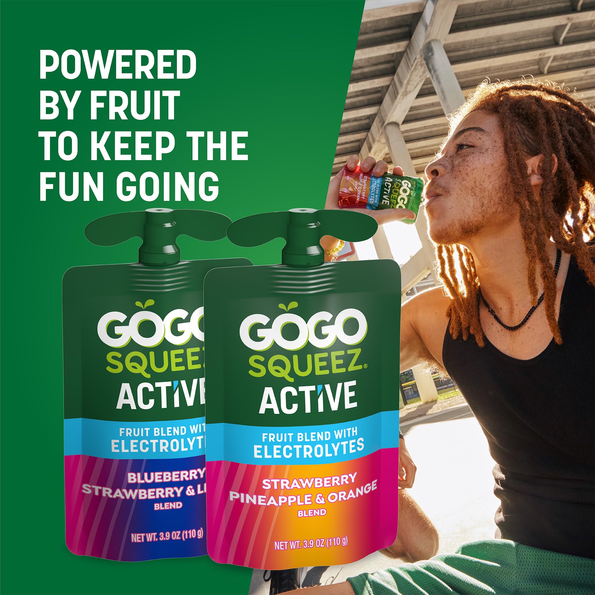 Real fruit in a squeezable pouch, GoGo squeeZ Active.
