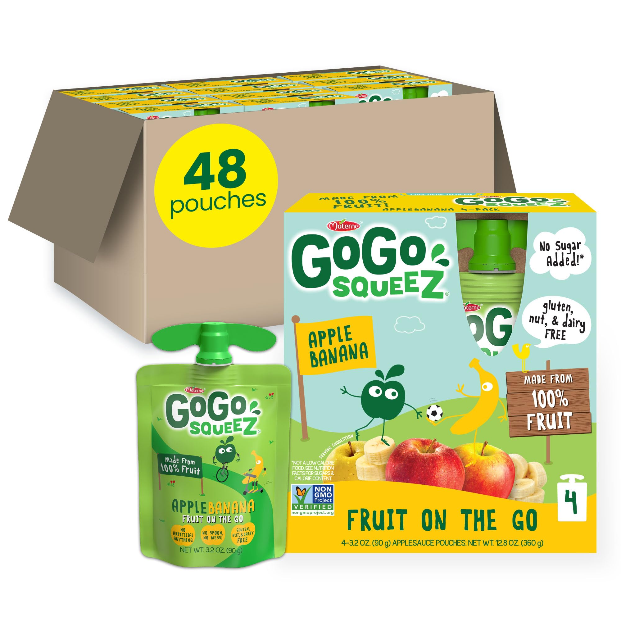 GoGo squeeZ Apple Banana pouch — 100% fruit, portable on-the-go snack.