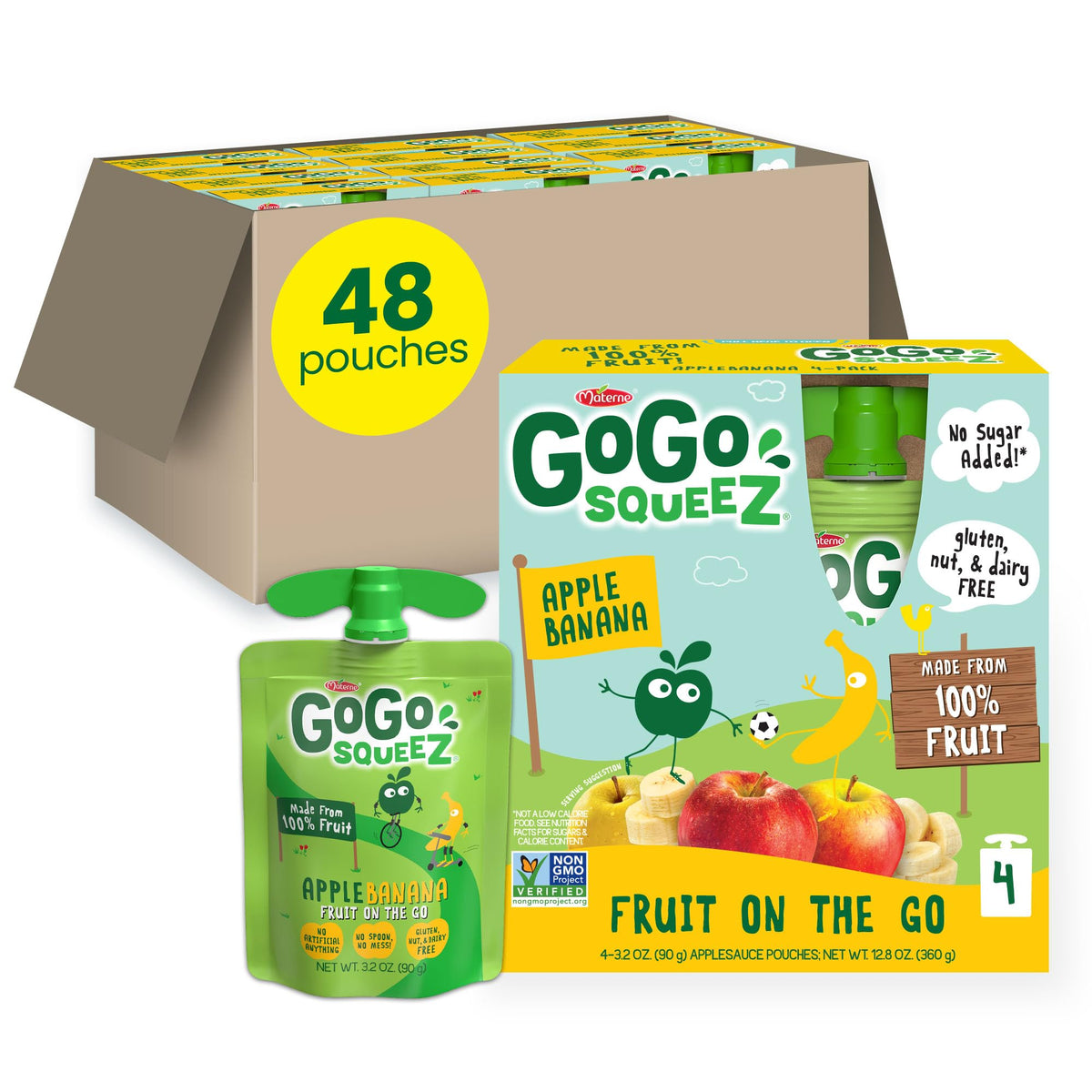 GoGo squeeZ Apple Banana pouch — 100% fruit, portable on-the-go snack.