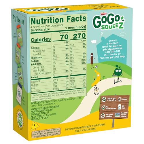 GoGo squeeZ Unsweetened Apple Banana pouch — no added sugar, natural fruit flavor.