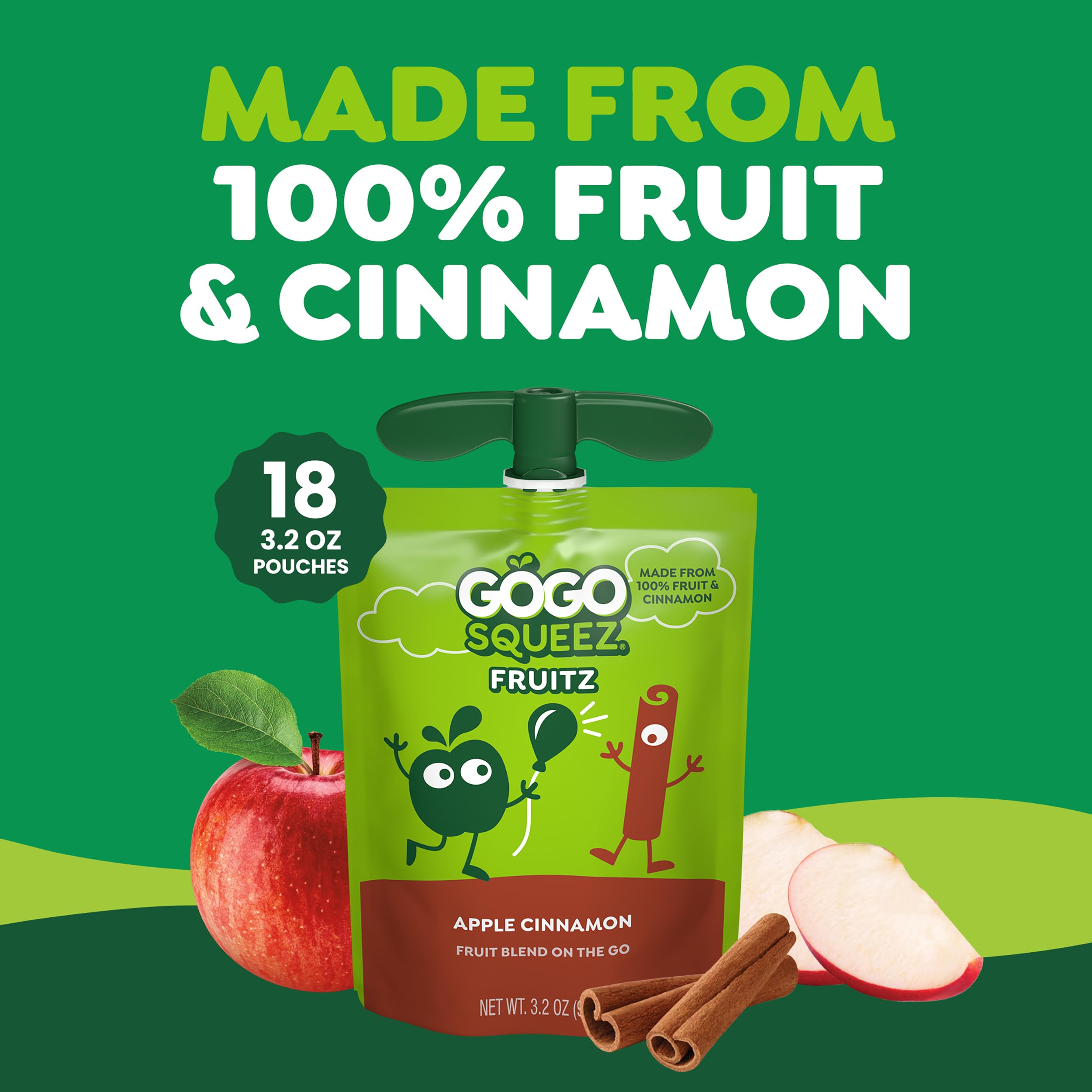 GoGo SqueeZ Apple Cinnamon pouch back with allergen-free and Non-GMO info.