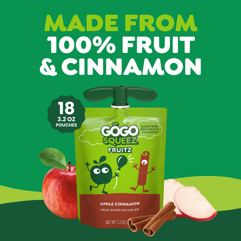 GoGo SqueeZ Apple Cinnamon pouch back with allergen-free and Non-GMO info.