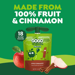 GoGo SqueeZ Apple Cinnamon pouch back with allergen-free and Non-GMO info.