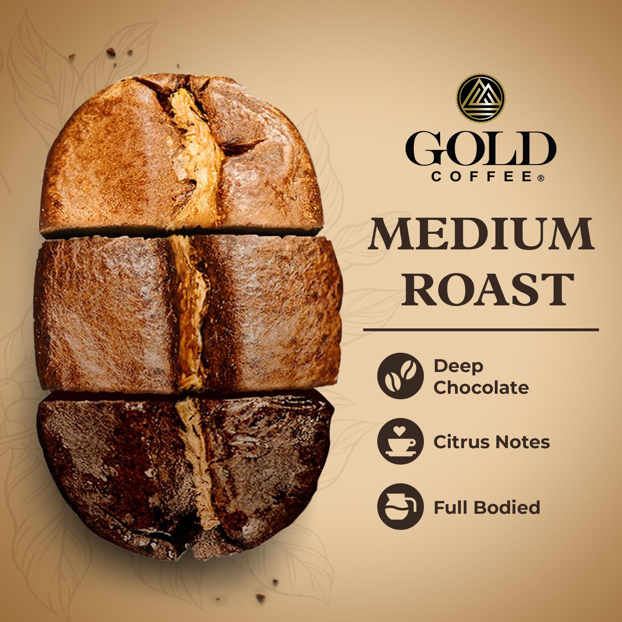 Gold Coffee Arabica beans close-up highlighting premium, 100% Arabica