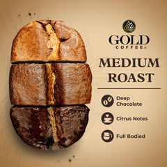 Gold Coffee beans in cup with inviting aroma and body