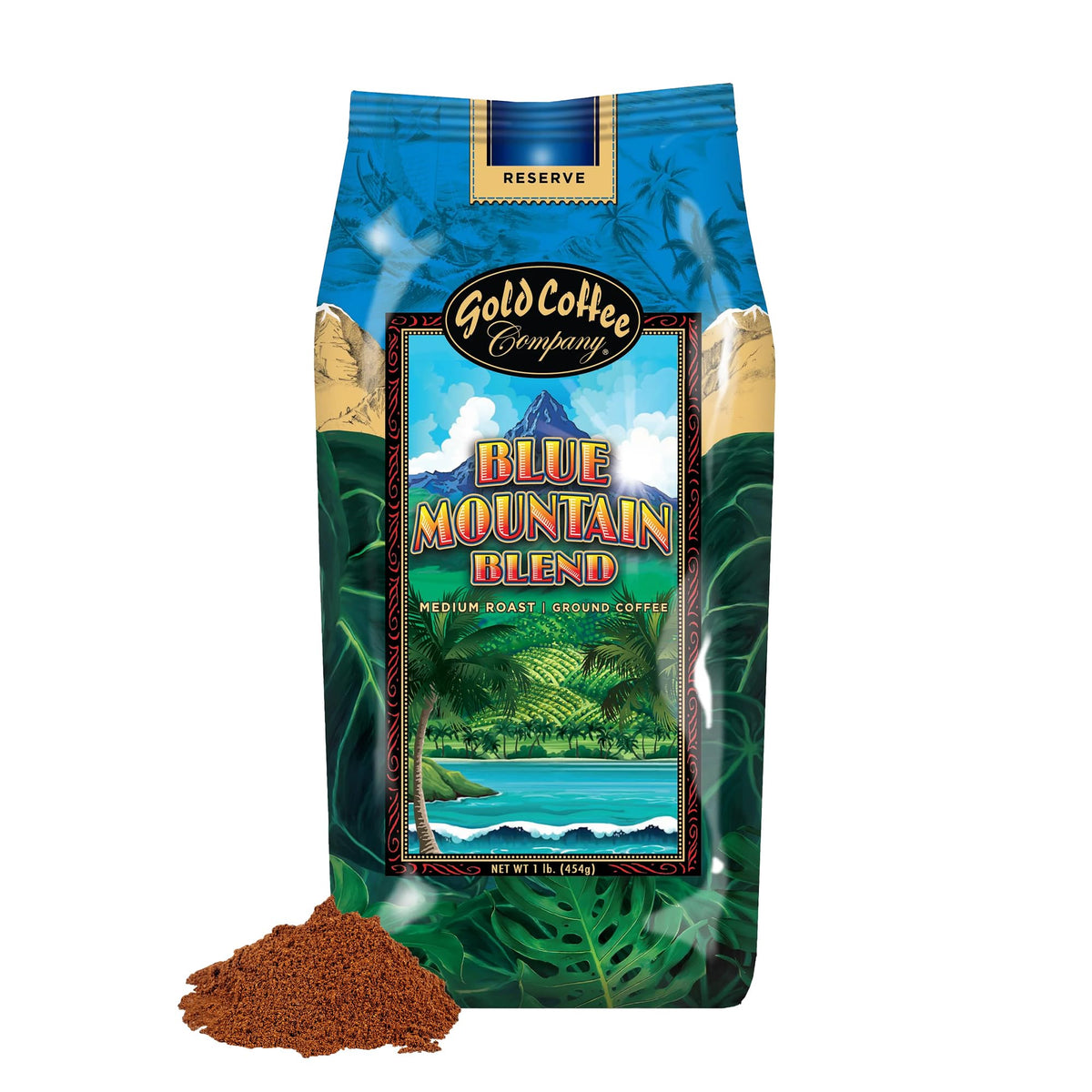 Gold Coffee Blue Mountain Premium Blend ground bag 1 lb, rich aroma ready to brew