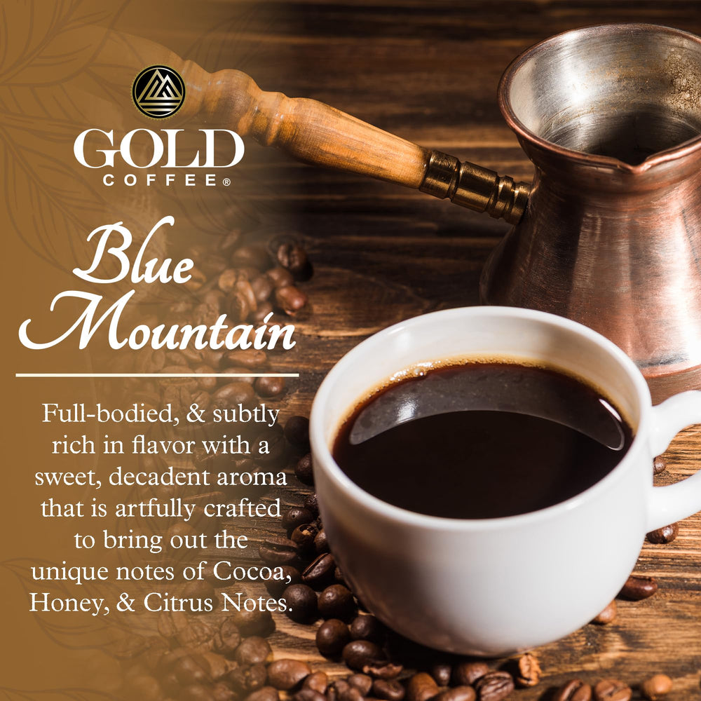 Blue Mountain Premium Blend medium roast label highlights balanced flavor