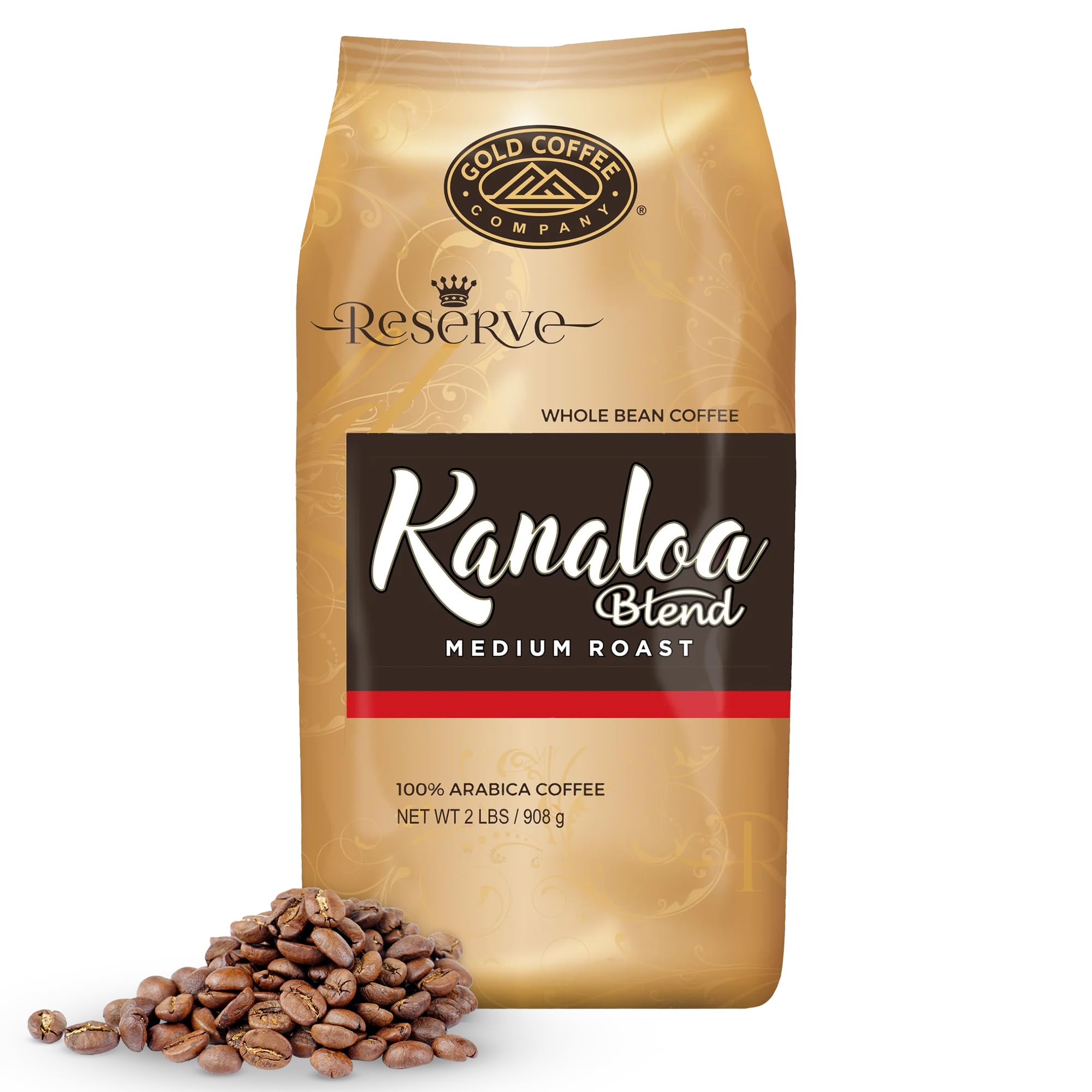 Gold Coffee Kanaloa bag packaging highlighting premium blend and freshness.