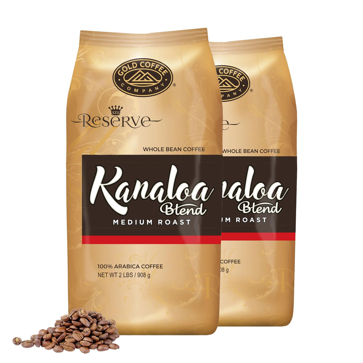 Gold Coffee Kanaloa House Blend bag showing caramel, honey, mango notes for an inviting aroma