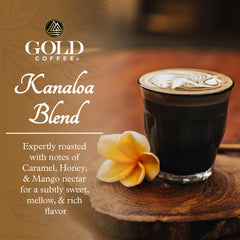Gold Coffee Kanaloa whole beans in a resealable bag ready to grind for a rich cup