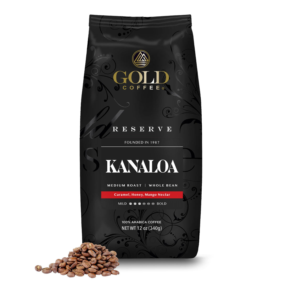 Gold Coffee Kanaloa Premium House Blend bag front indicating premium quality for home brewing