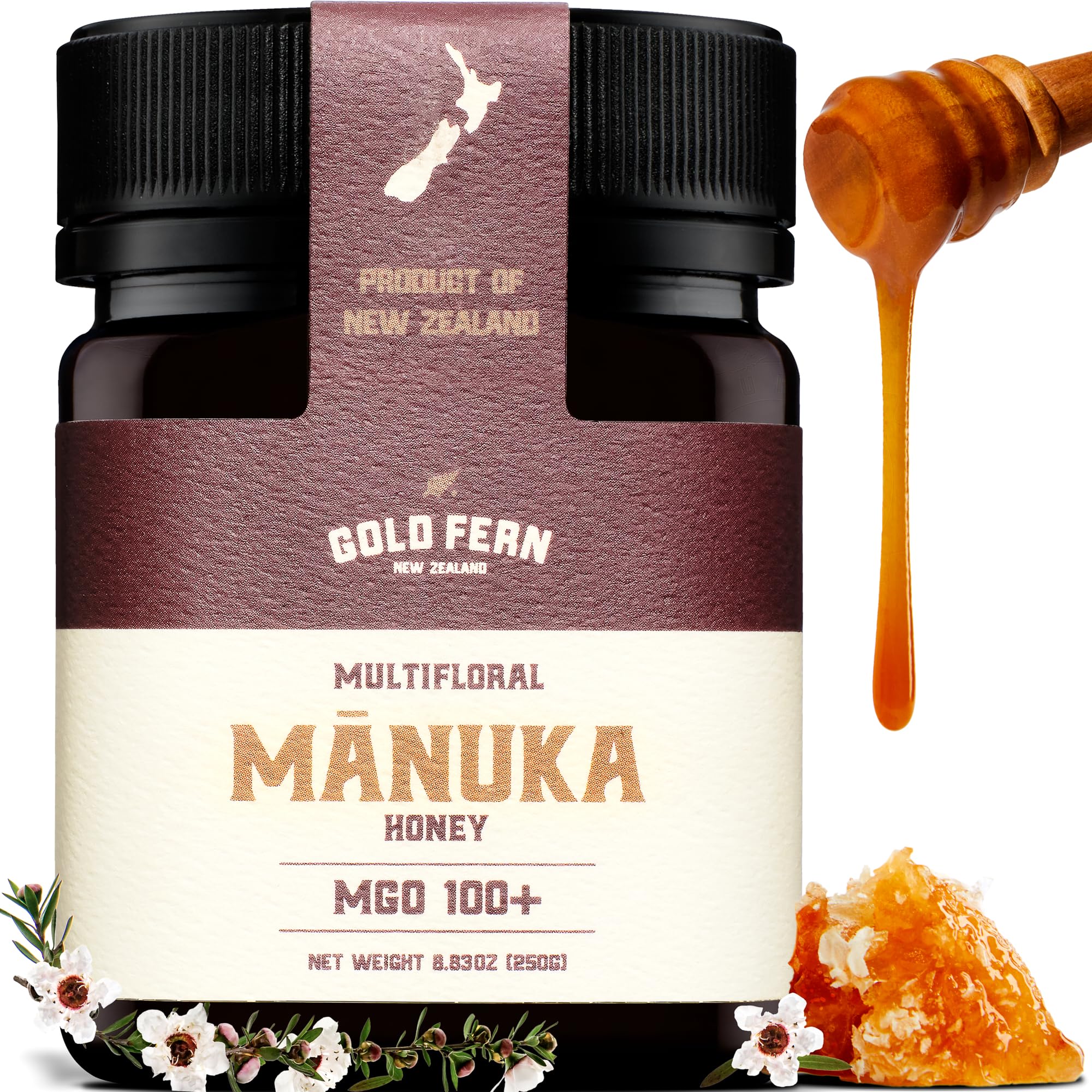 Gold Fern Honey bottle label closeup highlighting NZ origin and pure, unfiltered honey