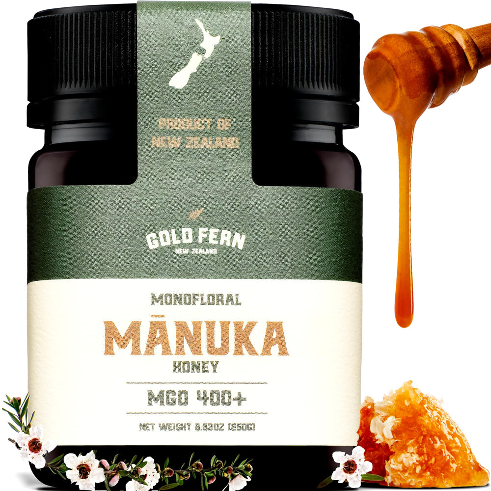Gold Fern Honey MGO 400 bottle pour shows creamy Manuka texture for drizzle