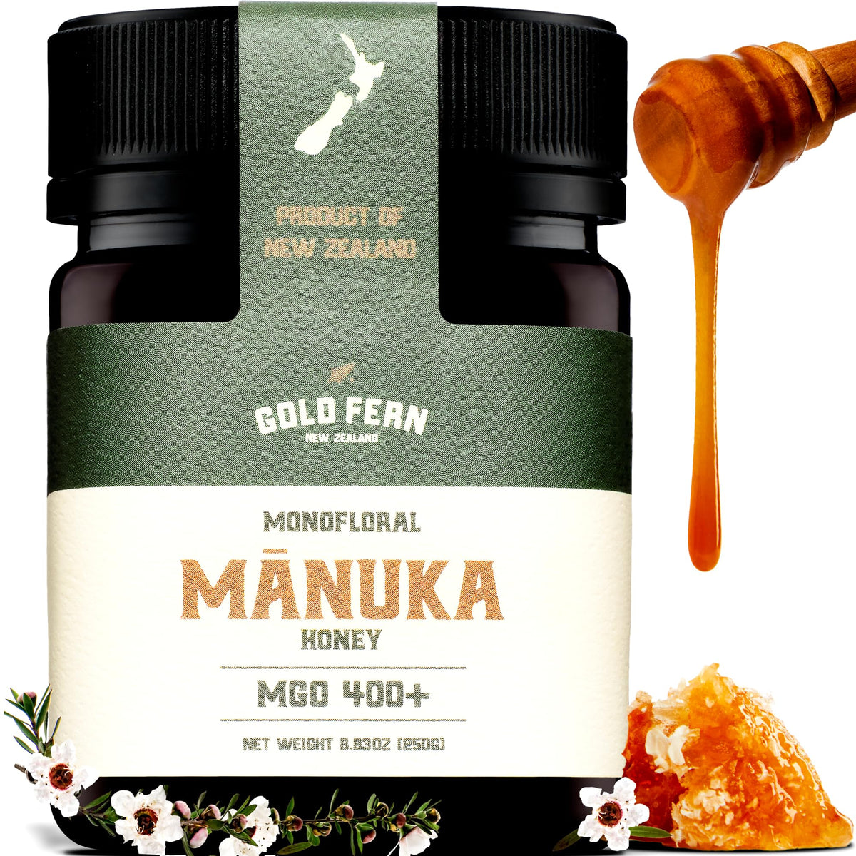 Gold Fern Honey MGO 400 bottle pour shows creamy Manuka texture for drizzle