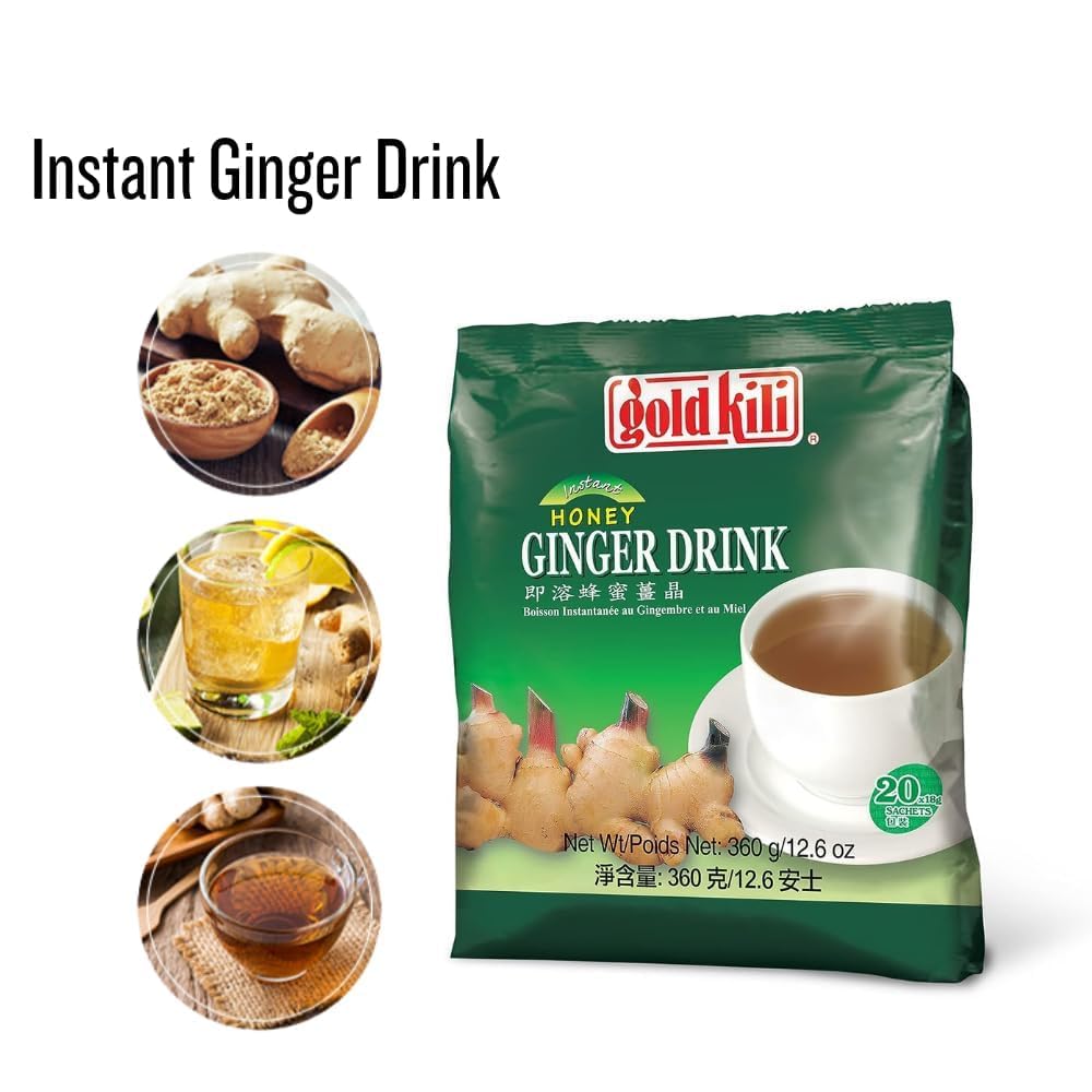 Gold Kili Ginger Drink sachet being stirred for instant prep.