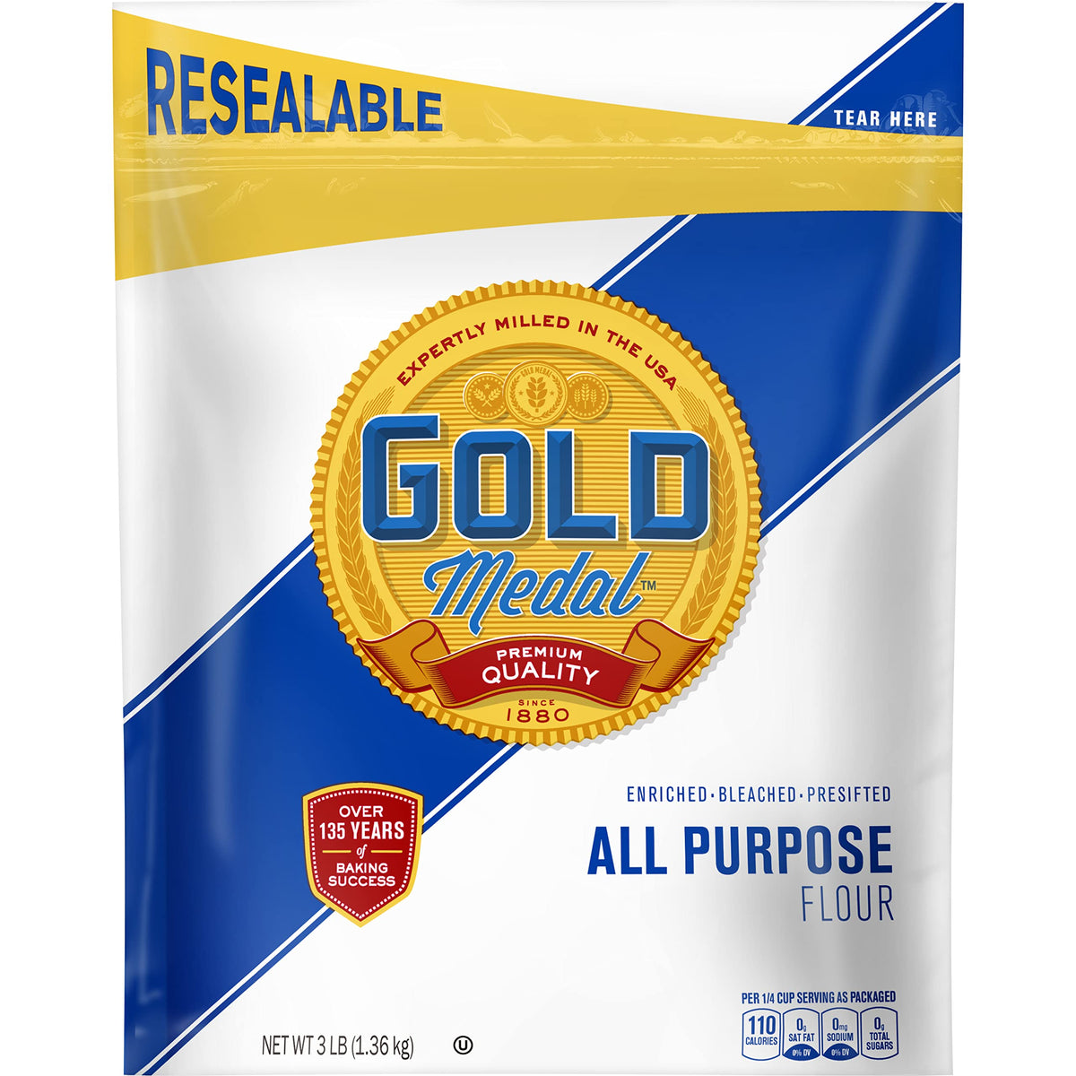 Gold Medal All Purpose Flour bag on kitchen shelf, versatile baking staple.