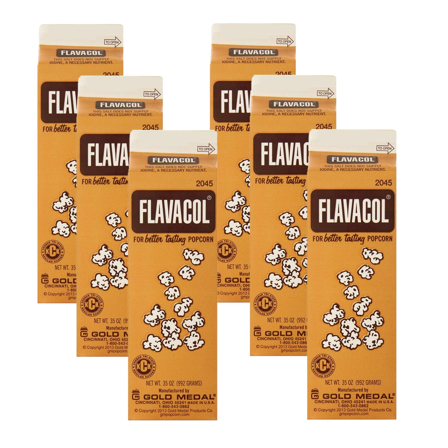 Gold Medal Flavacol popcorn salt six-pack pack-shot for even seasoning.