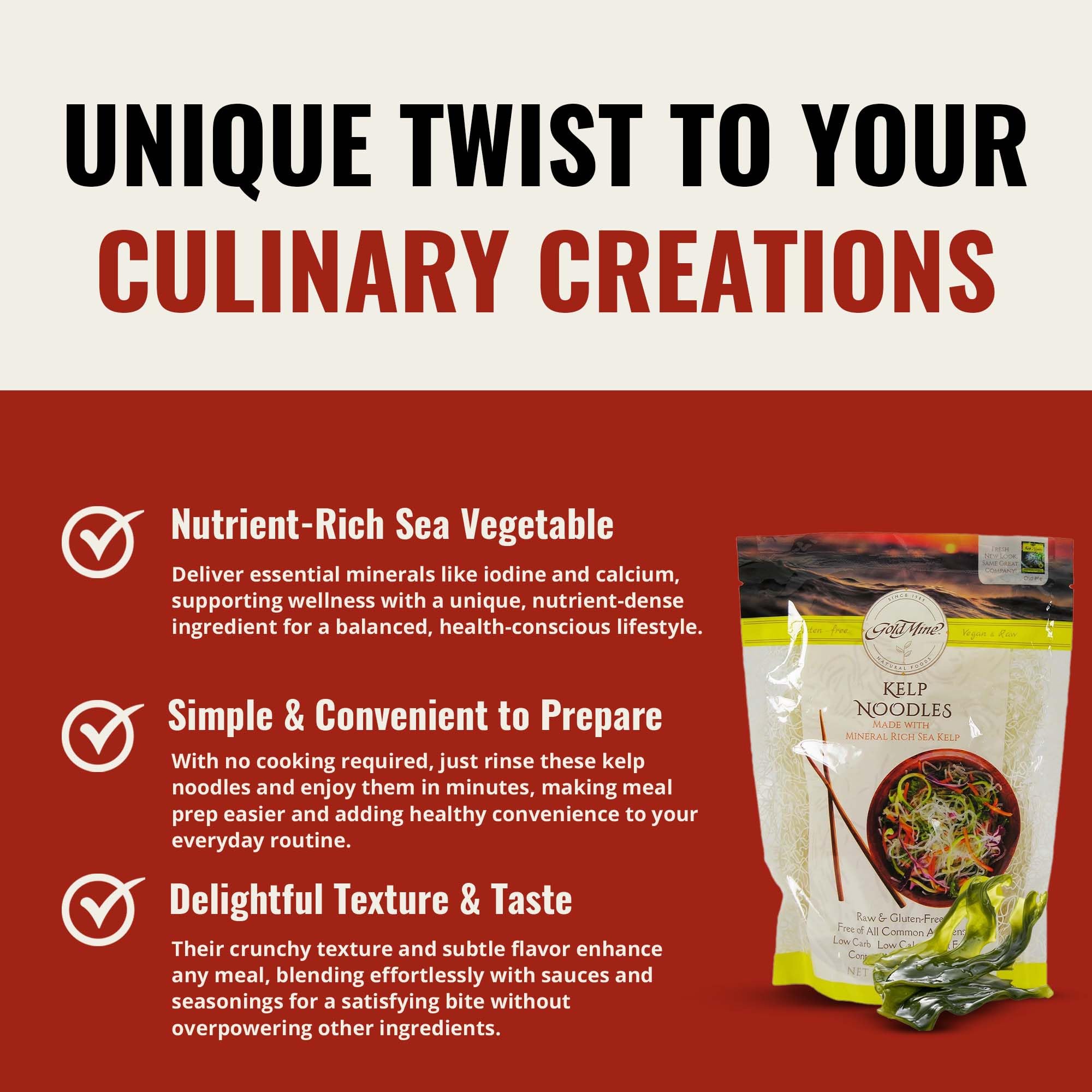Gold Mine Kelp Noodles highlight a calorie-conscious option for weeknight meals.
