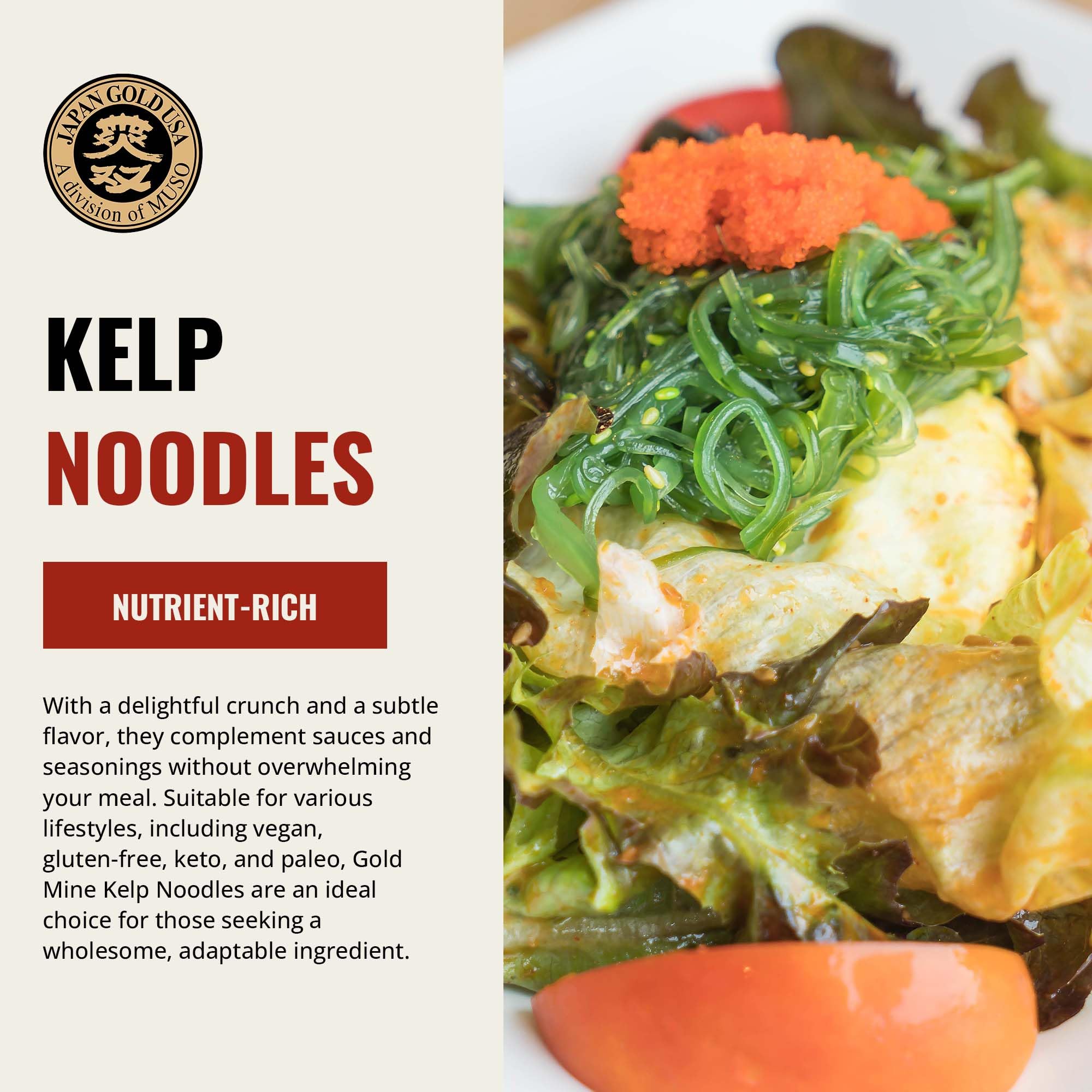 Gold Mine Kelp Noodles are gluten-free and vegan, supporting diverse diets.