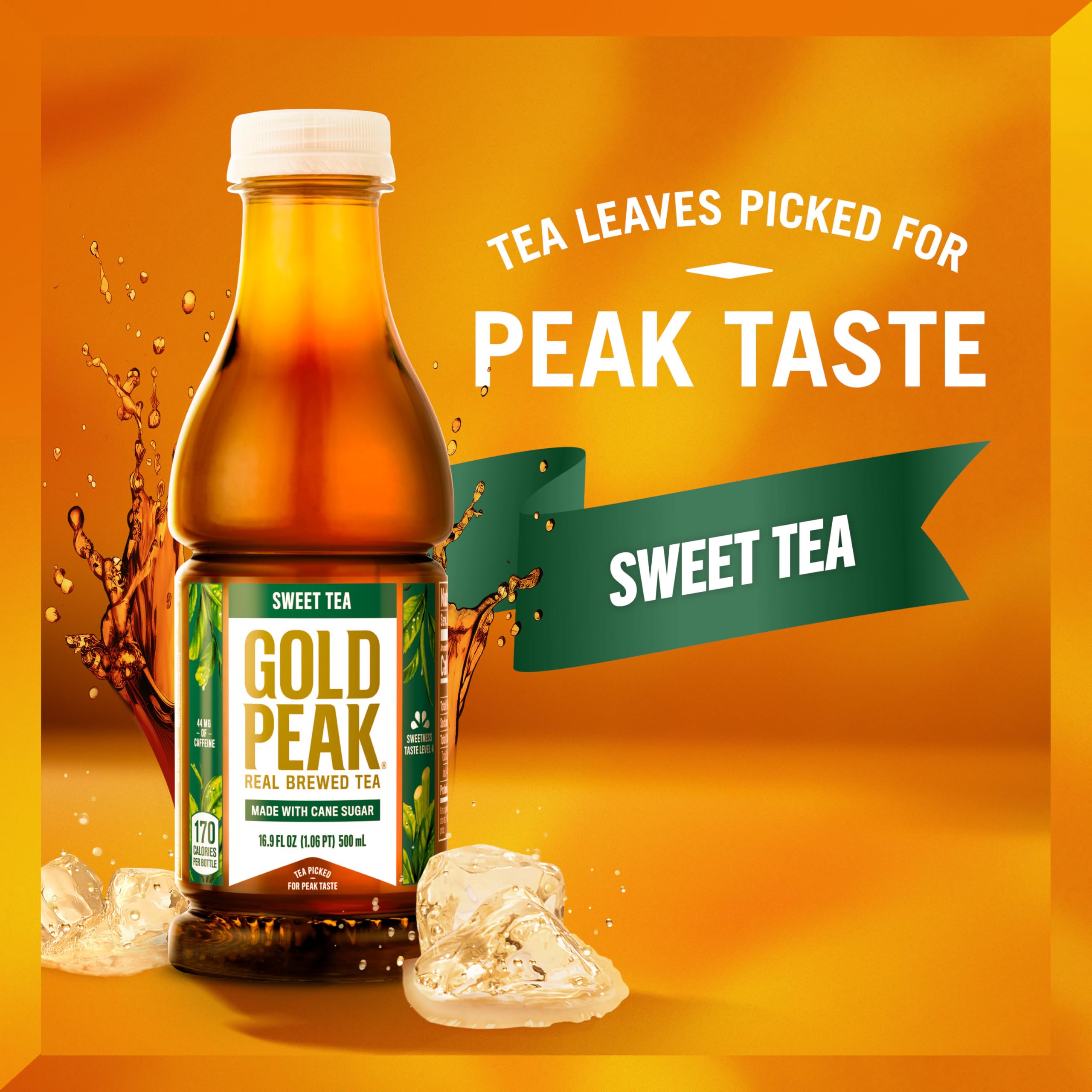 Gold Peak Sweet Tea being poured into a glass to showcase flavor.