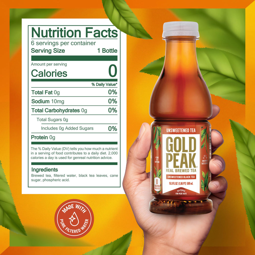 Gold Peak tea bottle pour highlighting real brewed quality with meals