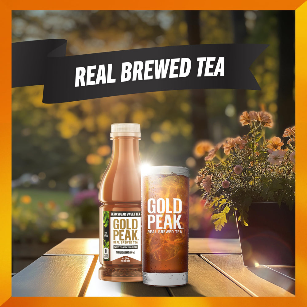 Gold Peak Tea being poured over ice into a glass—refreshing moment.