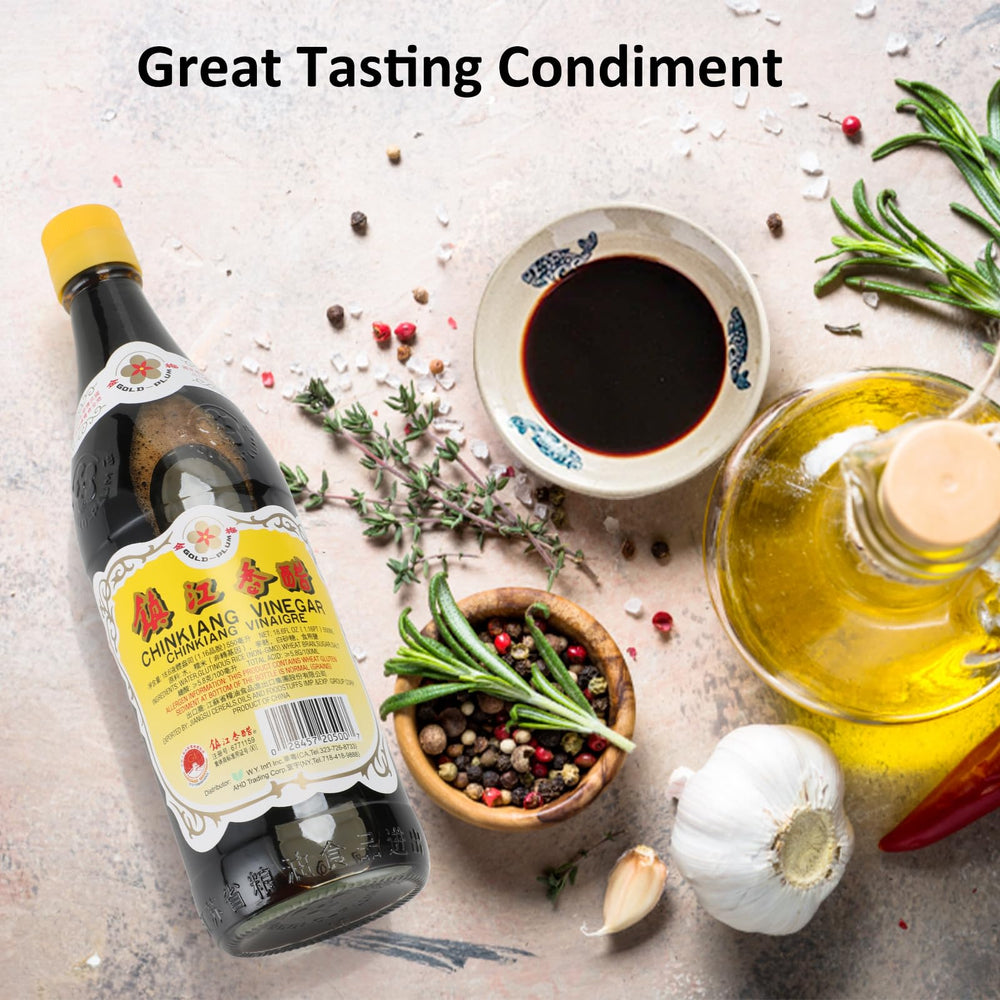 Gold Plum Chinkiang Vinegar with potstickers creates authentic dipping sauce.