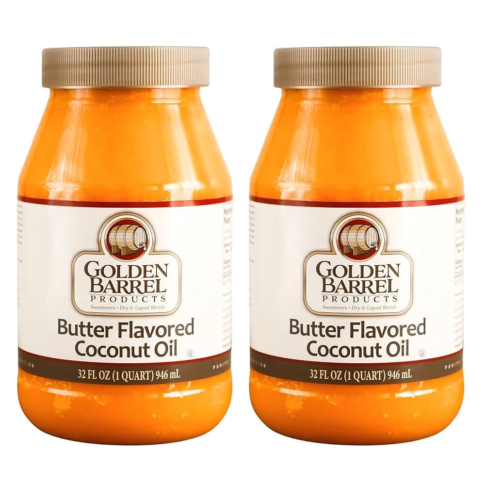 Golden Barrel Butter Flavored Coconut Oil bottle pour; ideal for quick cooking.