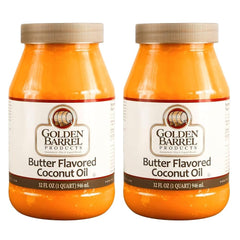 Golden Barrel Butter Flavored Coconut Oil bottle pour; ideal for quick cooking.
