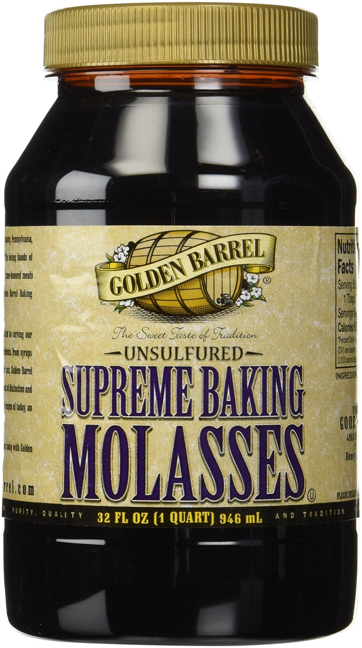 Golden Barrel Unsulphured Supreme Baking Molasses bottle shows deep color for rich cookies and cakes.