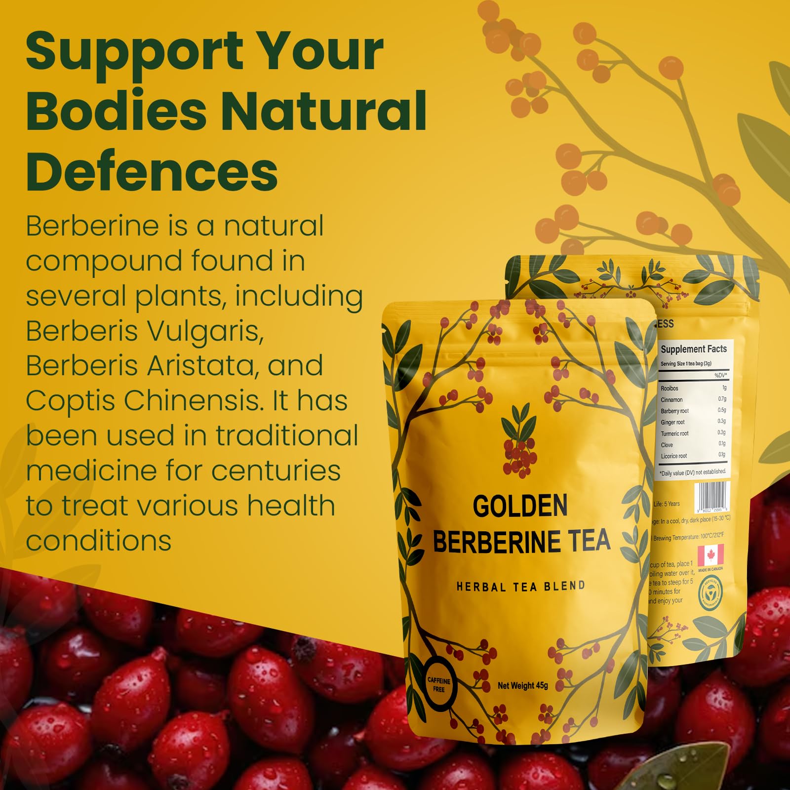 Golden Berberine Tea biodegradable pouch showcases sustainable packaging.