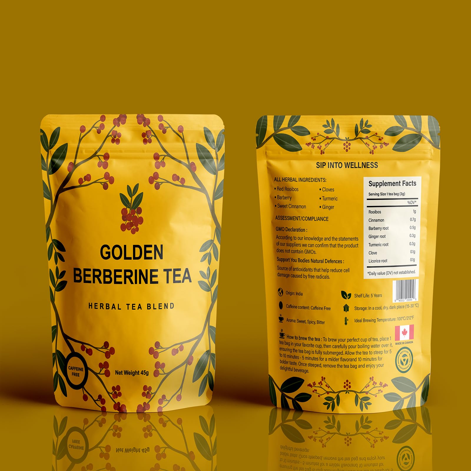 Golden Berberine Tea quick brew instructions and cup showcase convenience.