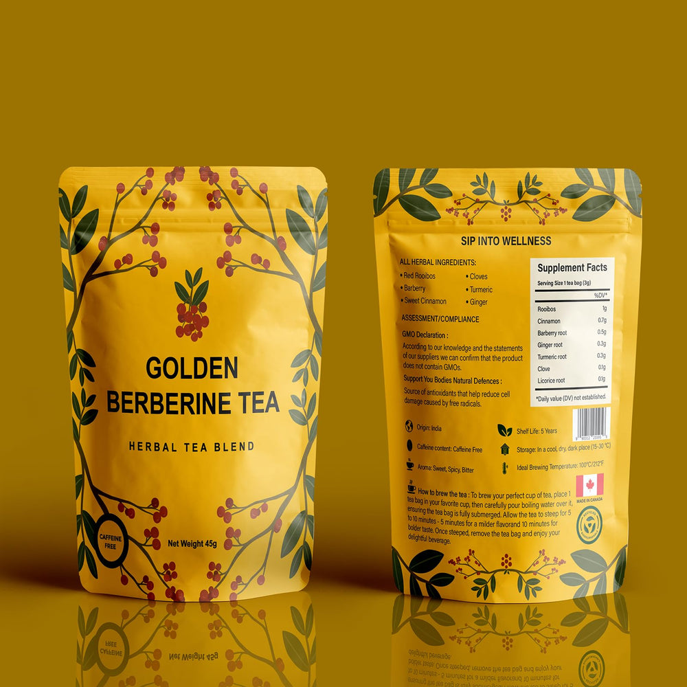 Golden Berberine Tea quick brew instructions and cup showcase convenience.