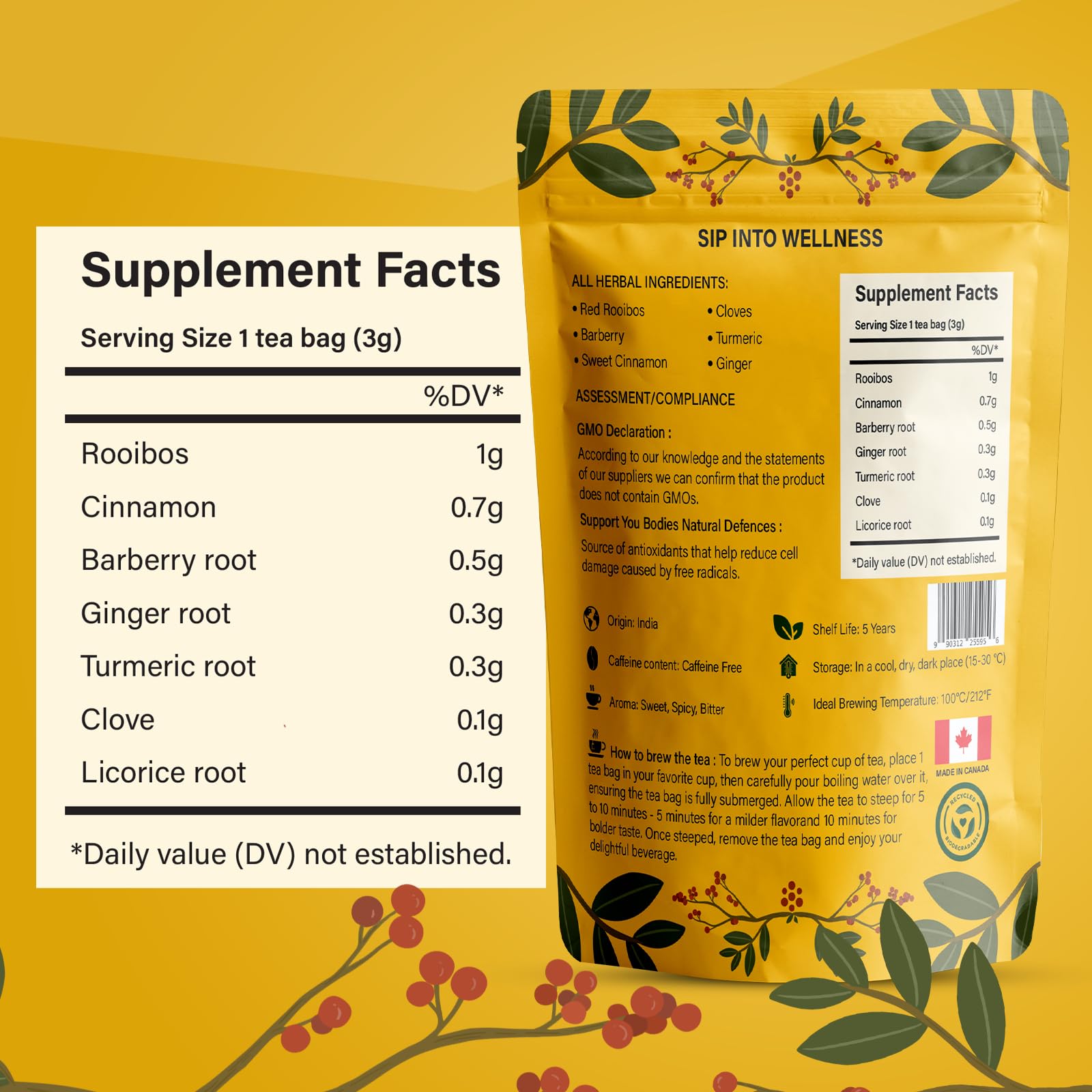 Golden Berberine Tea being steeped in a cup demonstrates a caffeine-free, antioxidant-forward ritual.
