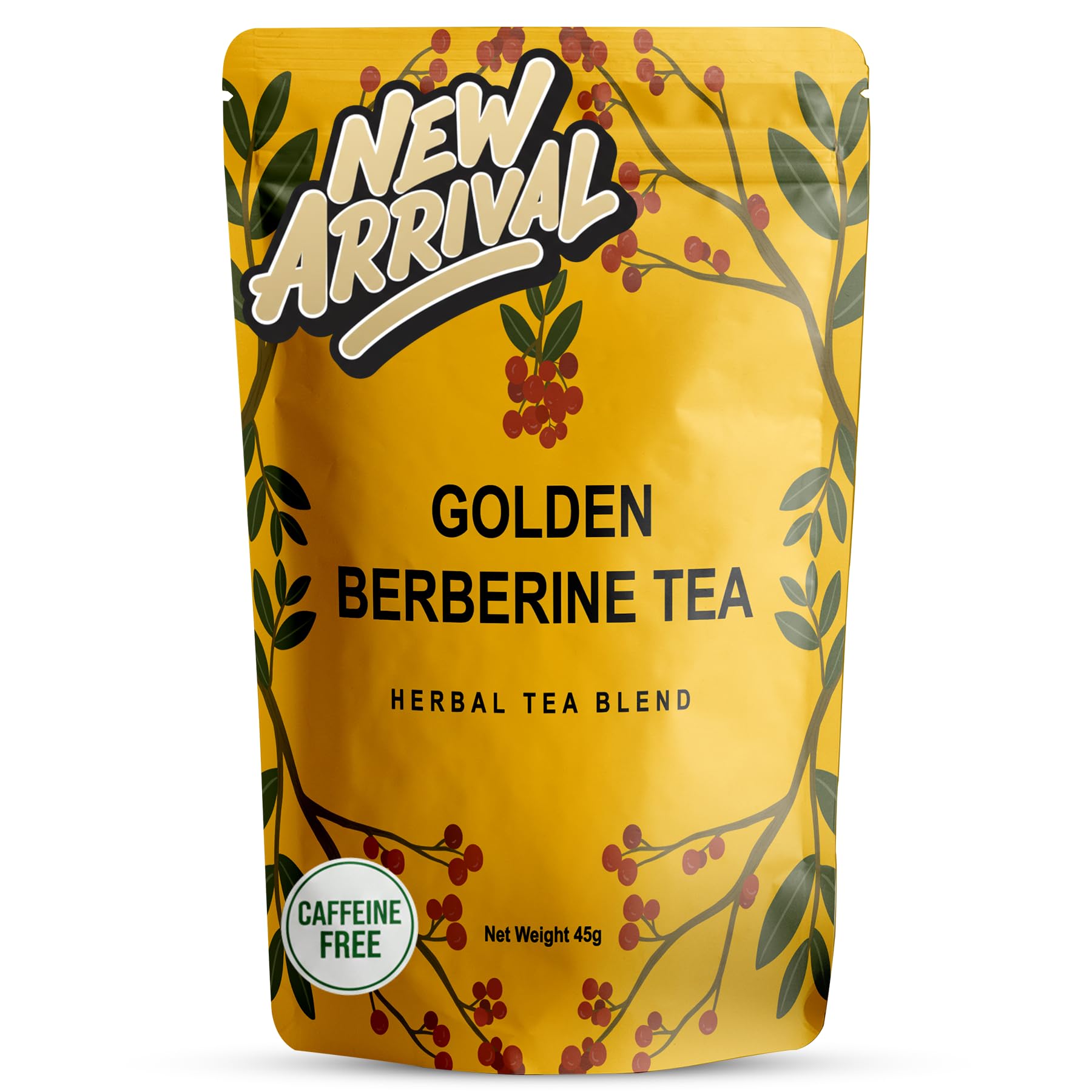 Golden Berberine Tea packaging shown with eco-friendly materials for sustainable tea storage.