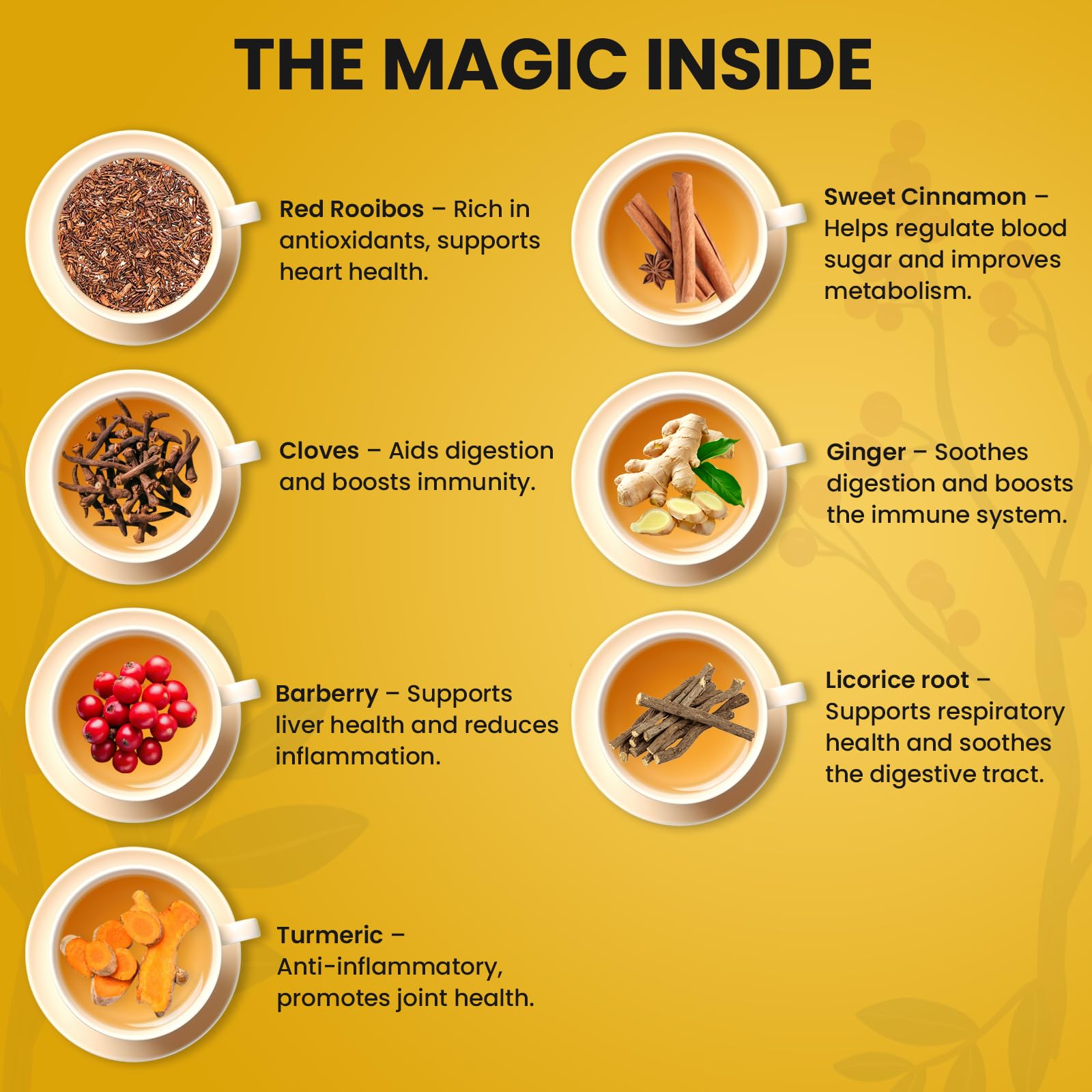 Golden Berberine Tea ingredients like red rooibos and barberry visible for a flavorful base.