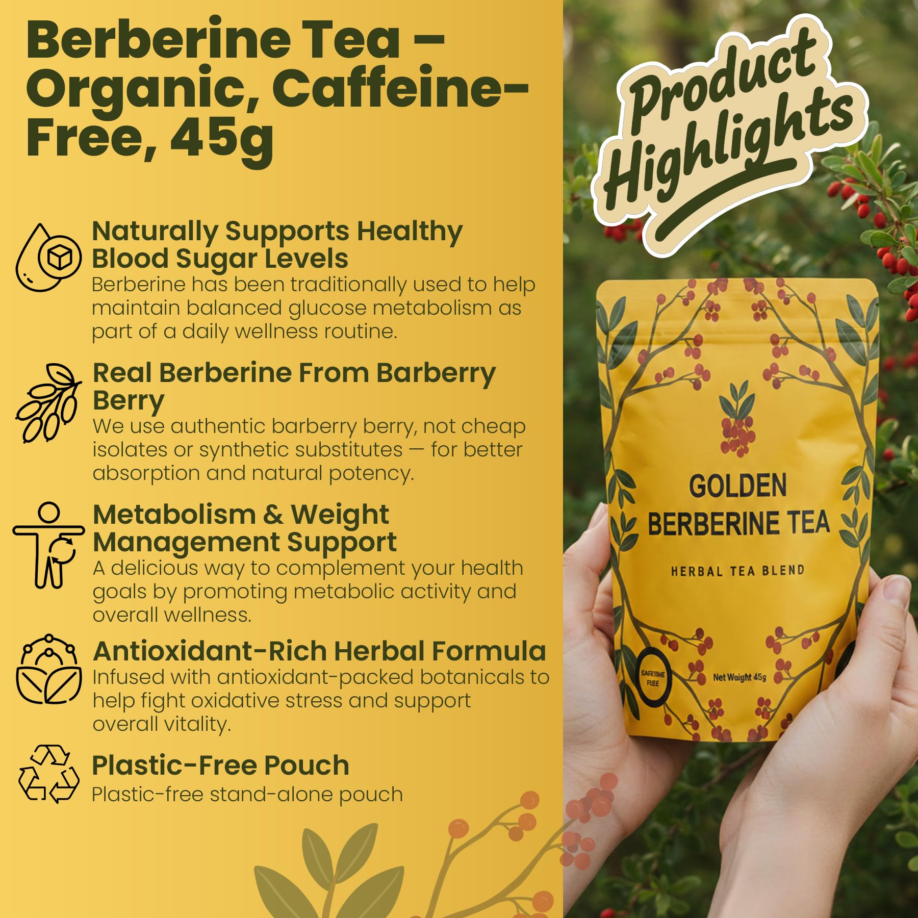 Golden Berberine Tea tea bags arranged for quick, easy brew and on-the-go enjoyment.