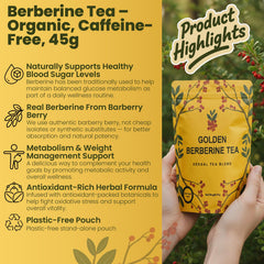 Golden Berberine Tea tea bags arranged for quick, easy brew and on-the-go enjoyment.