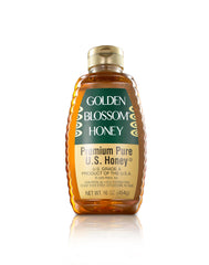 Golden Blossom honey jar front shows pure sweetness for tea and toast.