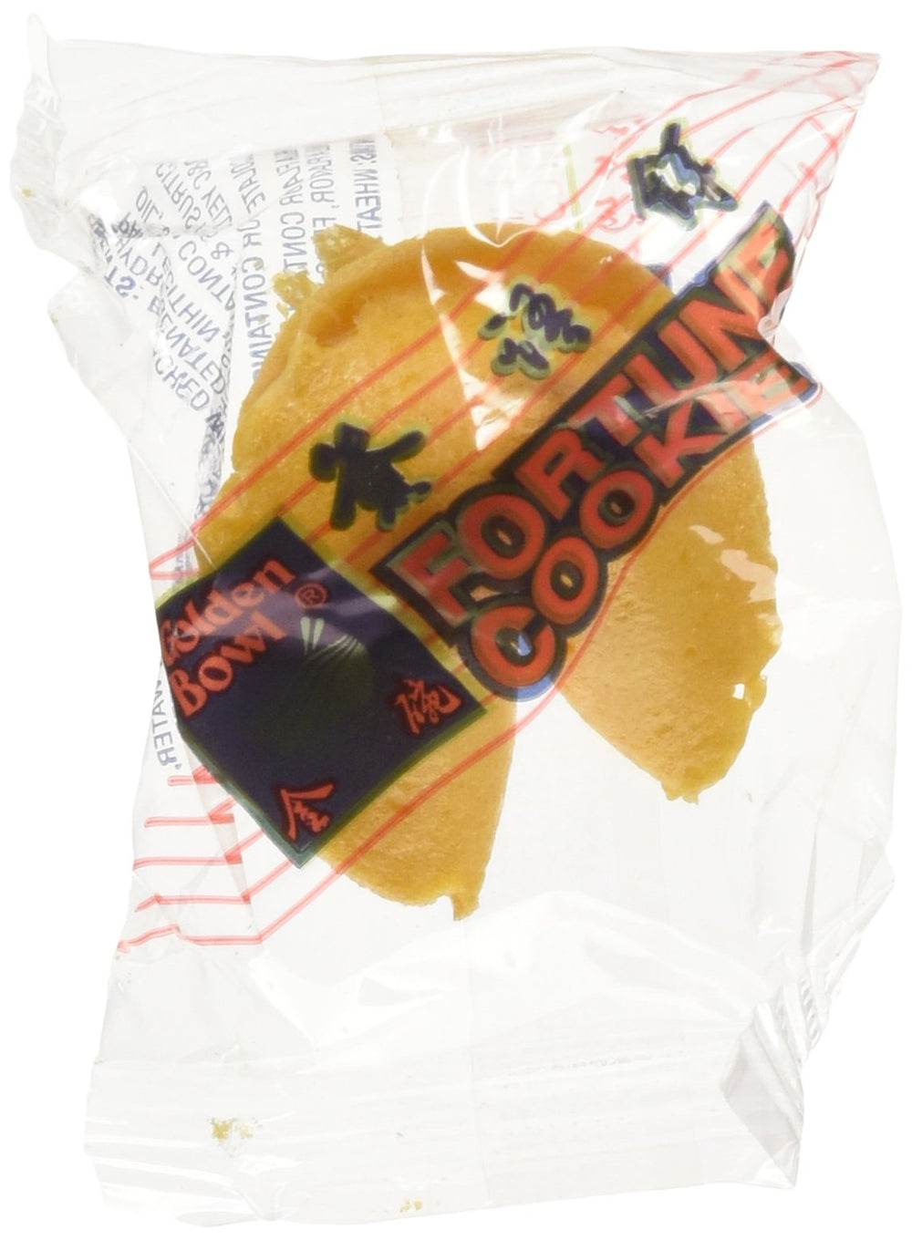 Golden Bowl fortune cookies packaging showcases clear wrap for fresh, gift-ready presentation.