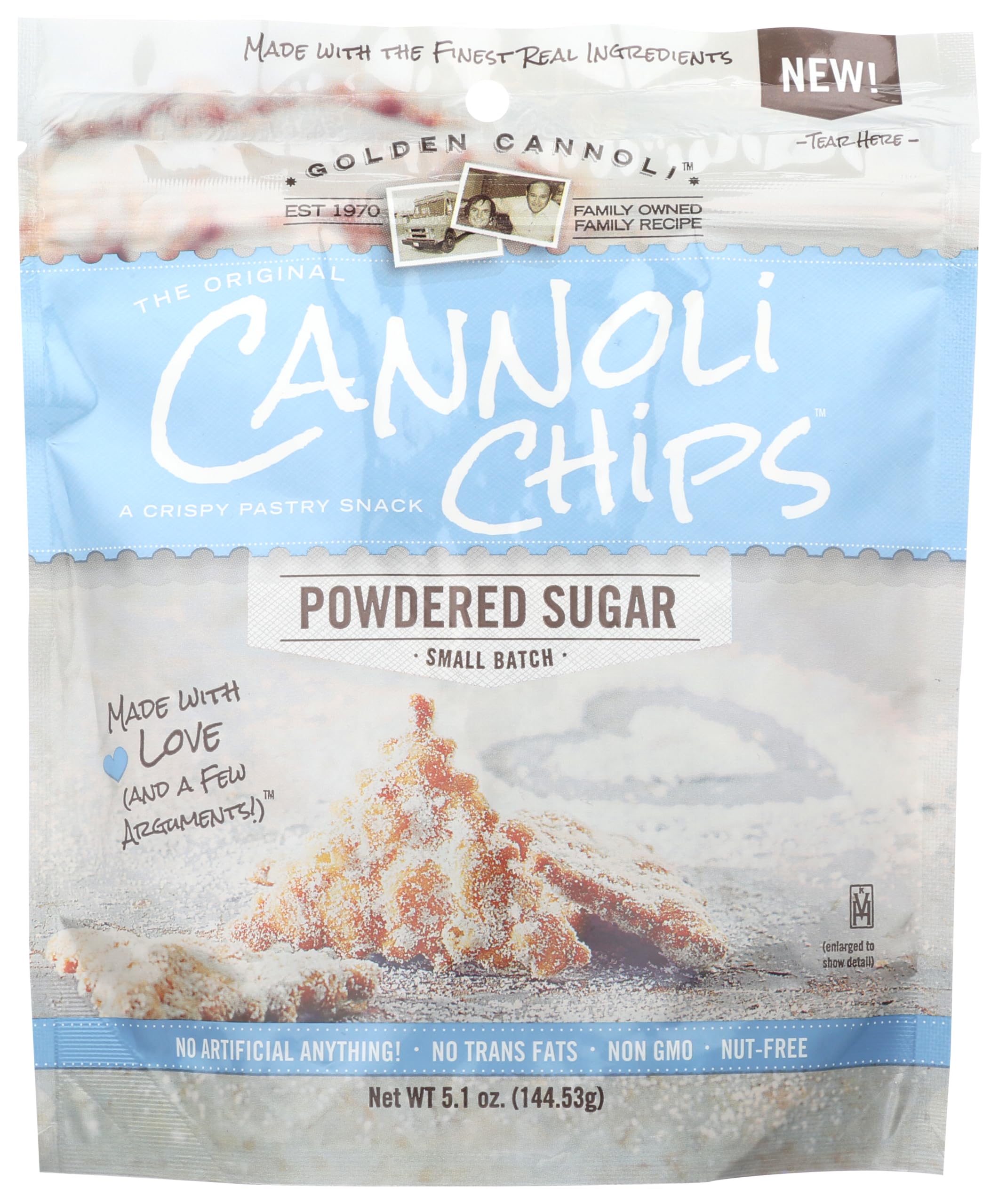 GOLDEN CANNOLI Golden Powdered Sugar Cannoli Chips package front shows crisp texture for snacking