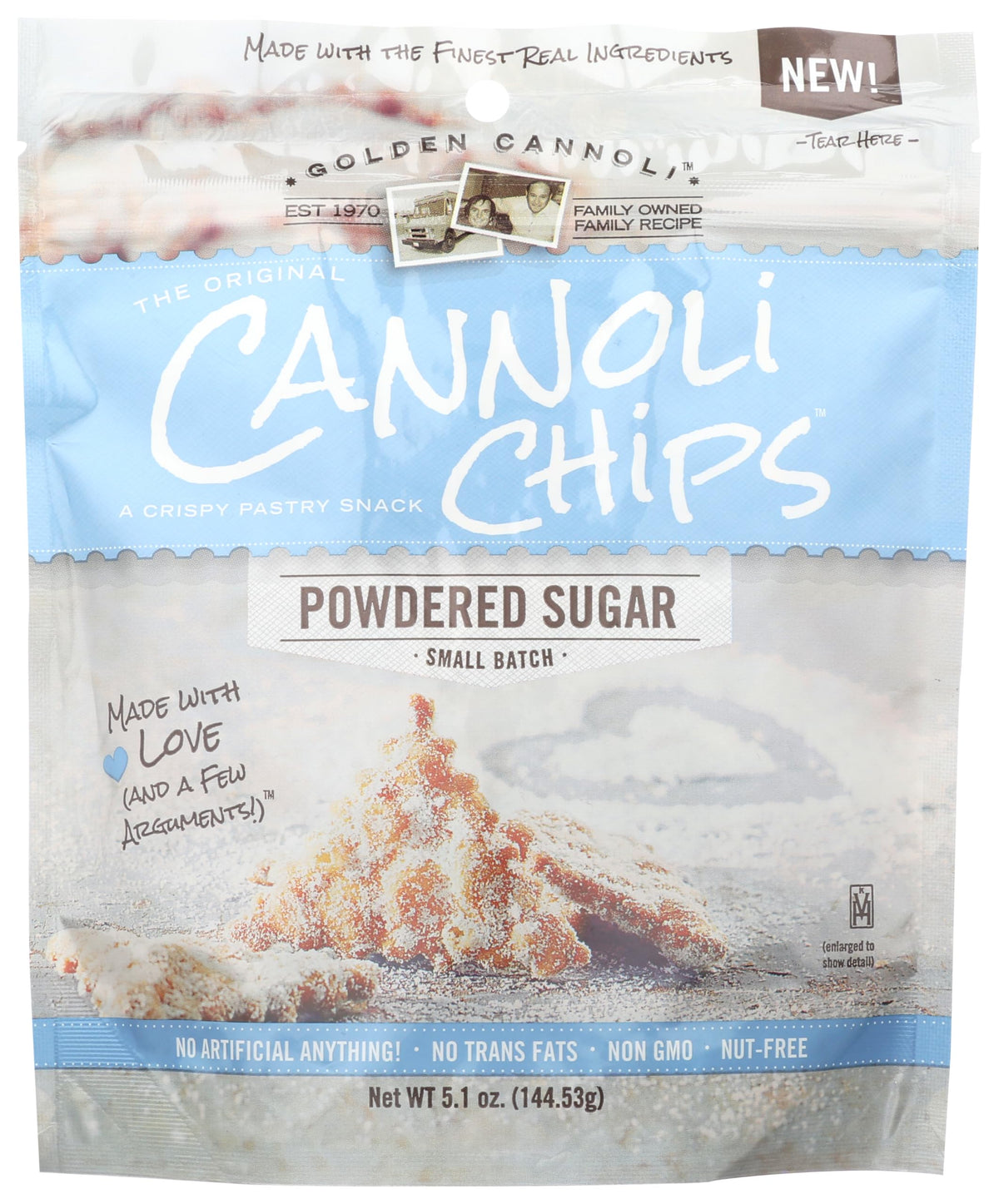 GOLDEN CANNOLI Golden Powdered Sugar Cannoli Chips package front shows crisp texture for snacking