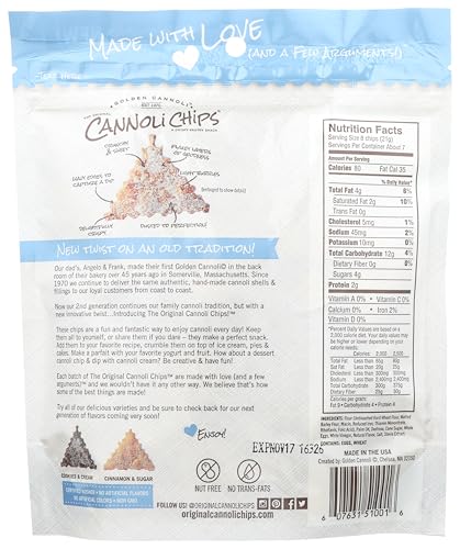GOLDEN CANNOLI Cannoli Chips side view, resealable bag preserves crunch