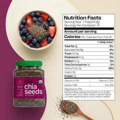 Golden Crown black chia seeds close-up showing tiny seeds and texture.