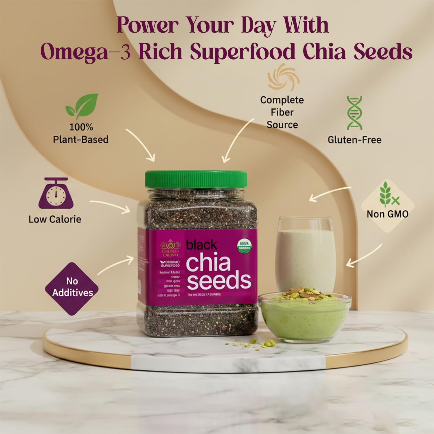 Golden Crown chia seeds poured into a smoothie for breakfast and energy.