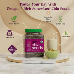 Golden Crown chia seeds poured into a smoothie for breakfast and energy.