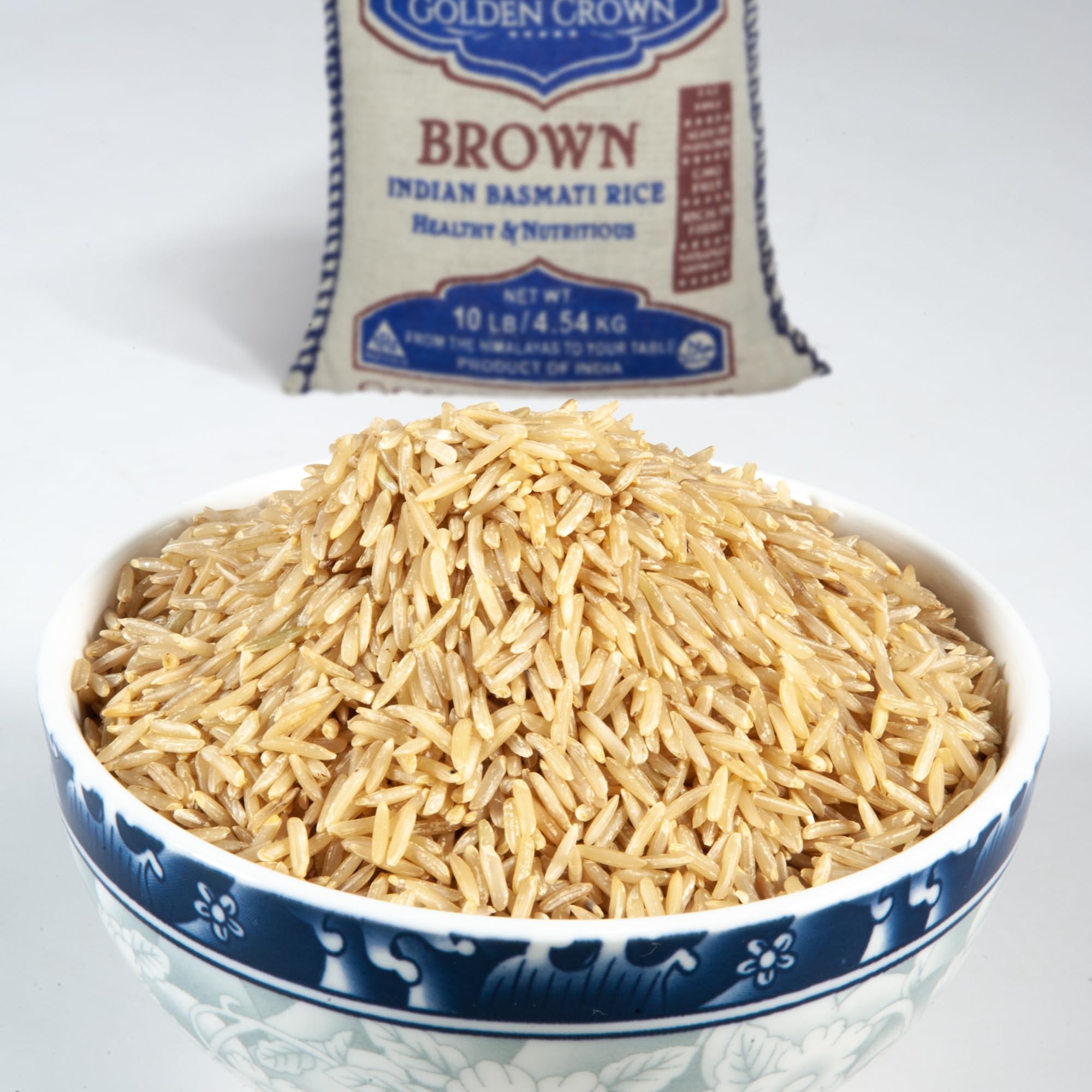 Golden Crown packaging showcases sustainable 10 lb bag for family dining.