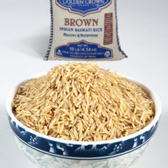 Golden Crown packaging showcases sustainable 10 lb bag for family dining.
